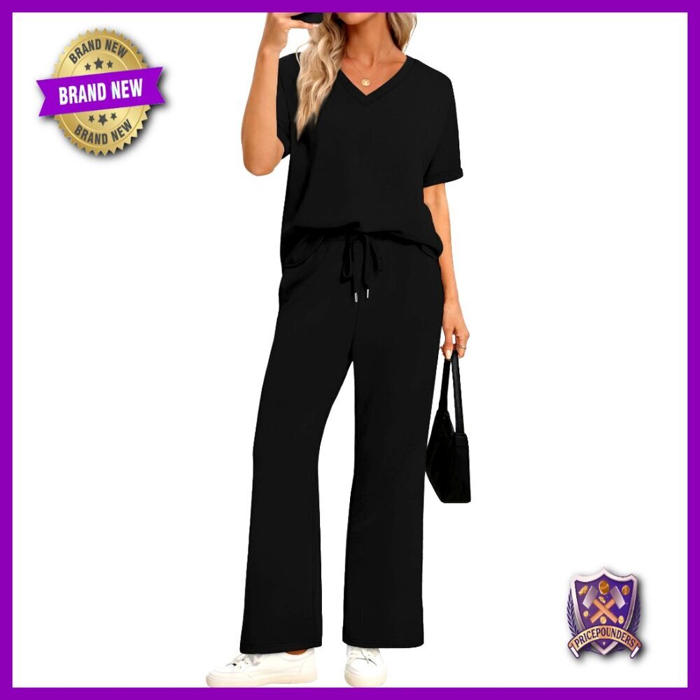 Women's Lounge Set V-Neck Top Wide Leg Pants 2-Piece Summer Outfit